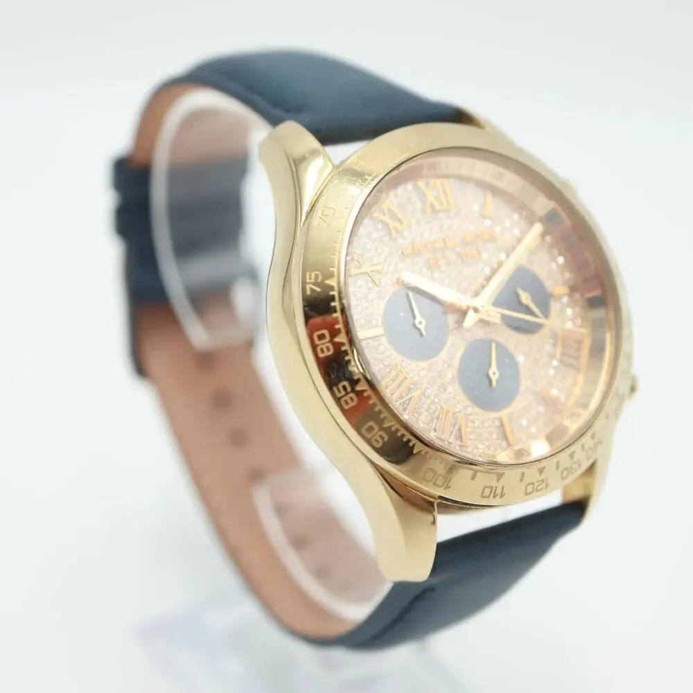 Michael Kors Layton Glitz Gold Black Chronograph 44mm Watch Blue Leather Strap